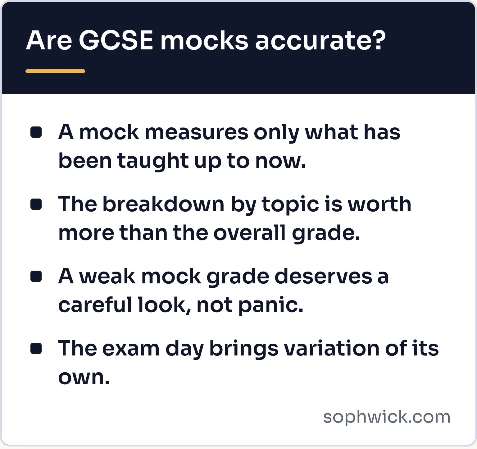Four key points: a mock measures only what has been taught up to now; the breakdown by topic is worth more than the overall grade; a weak mock grade deserves a careful look, not panic; the exam day brings variation of its own.