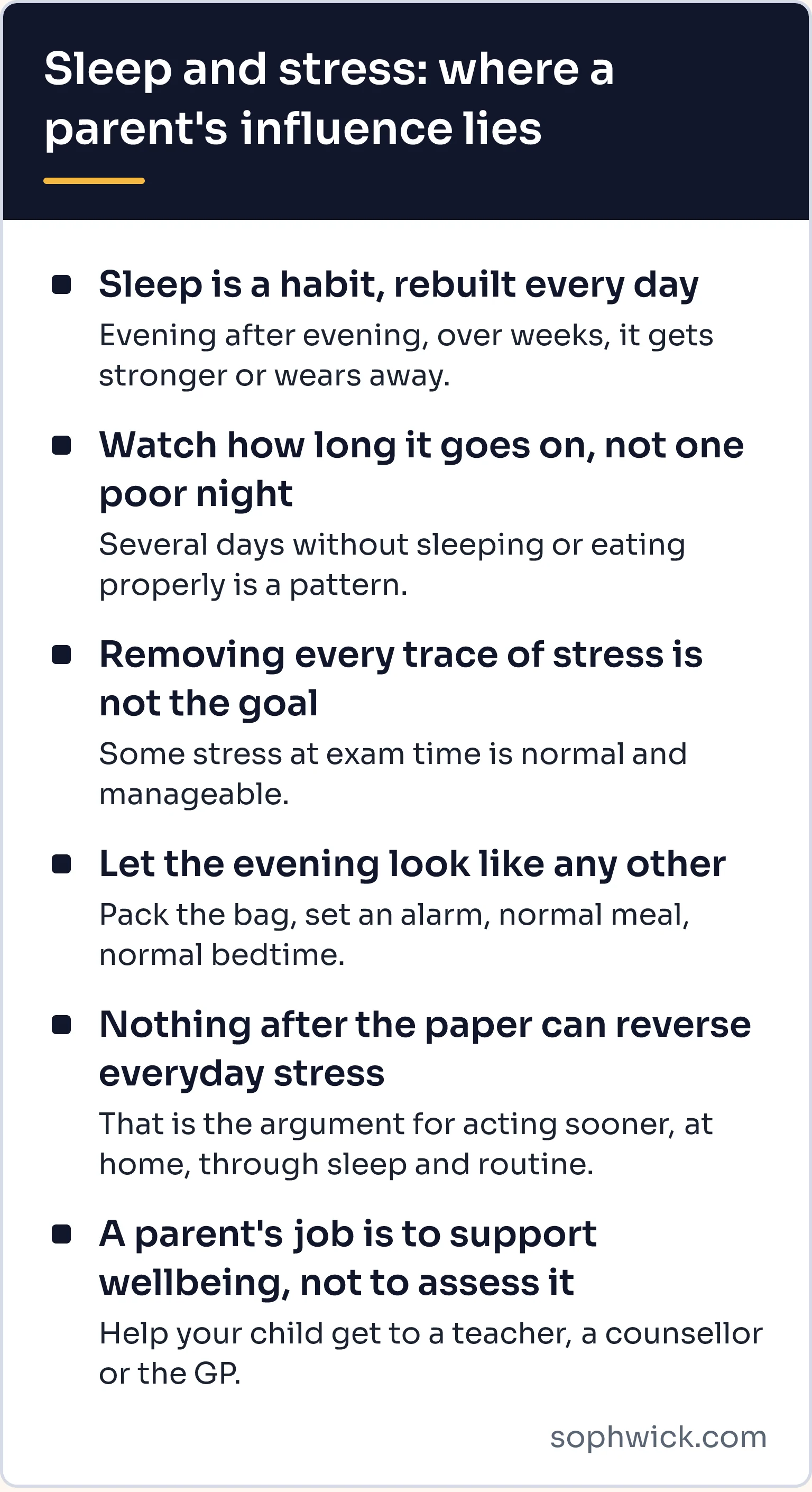 A card summing up the guide: sleep as a habit rebuilt every day, watching how long signs go on, accepting that some stress is normal, letting the evening before look like any other, acting sooner at home, and helping your child get to a teacher, a counsellor or the GP.